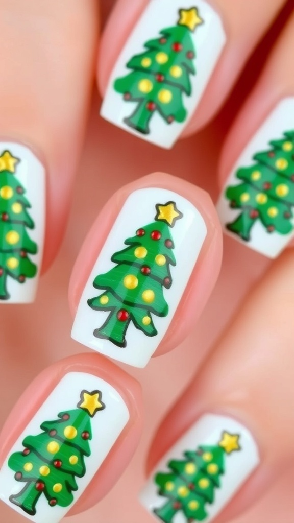 Short nails with Christmas tree nail art, featuring green trees with red and gold decorations.